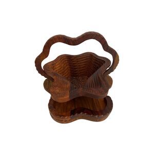 VTG Spiral Cut Wooden Collapsible Fruit Basket Trivet Hot Plate Hand Carved
